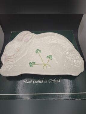 Belleek Ireland Bunny Rabbit Dish Shamrock Fine Parian China w/ Box